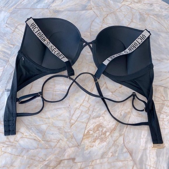 34A Swimsuit SHINE STRAP BOMBSHELL ADD 2 CUPS SWIM CRYSTALS Bra Top Black - Picture 2 of 7